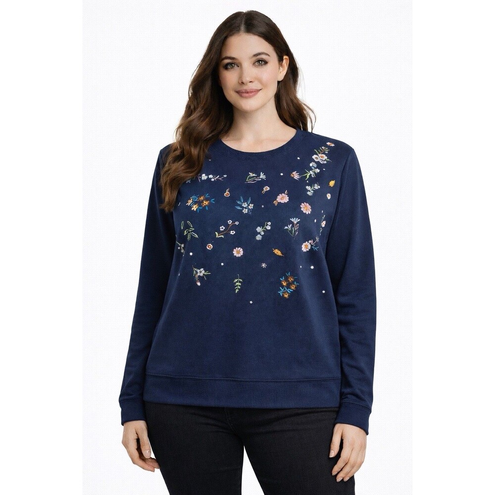 Farmers Market PL Embroidered Floral Navy Sweatshirt Long Sleeve Pullover Casual